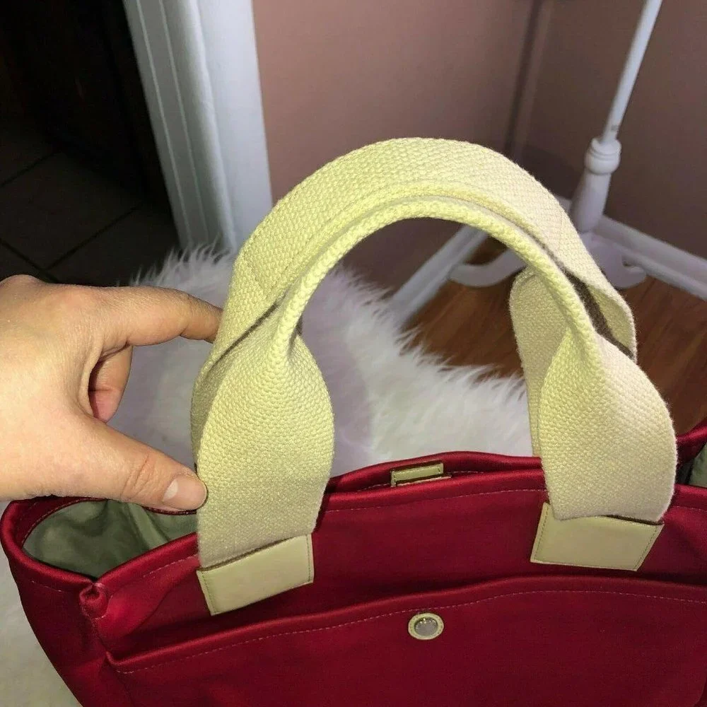 BURBERRY Red Canvas Ivory Handles Satchel Handbag - Picture 2 of 12